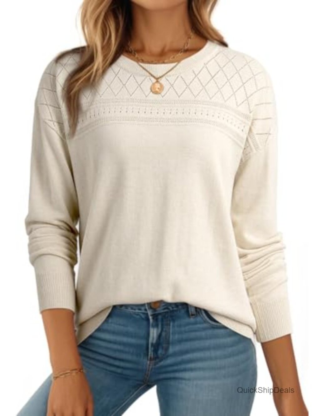 Wool Crochet Knit Sweater Women Crew Neck Long Sleeve Pullover